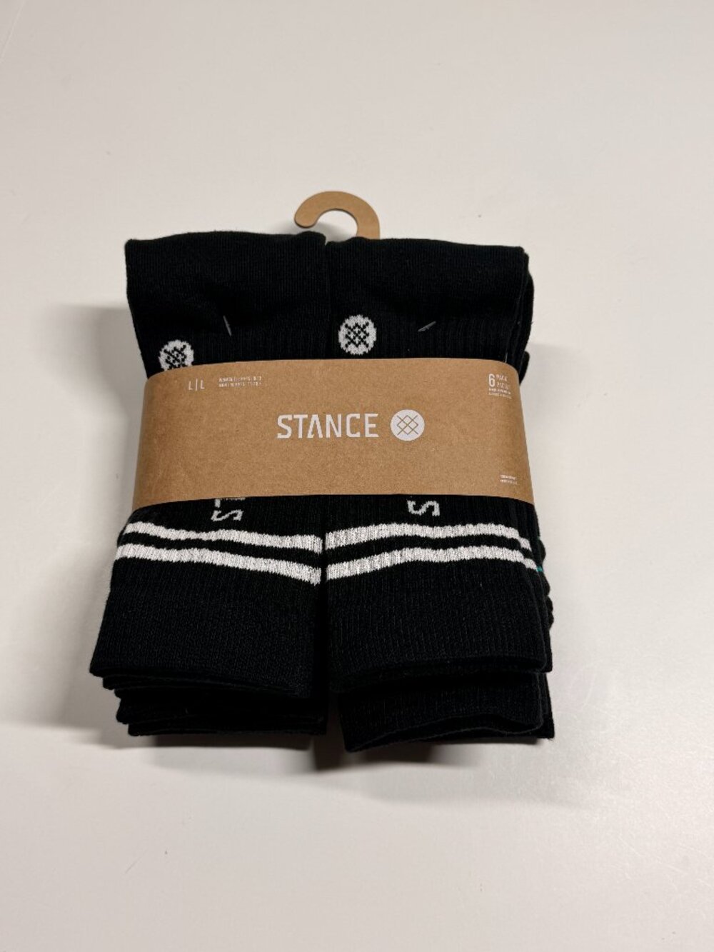 NWT - Stance Core 6 Pack Crew Socks - 6 Pair - Black with White Accents – Large